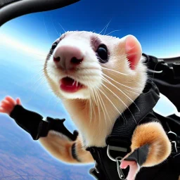 close-up detailed matte painting of a ferret wearing a jumpsuit with parachute harness jumping out of a plane, skydive, sunlit sky, intricate, ultra-fine detailed, 8k, high-quality, 3d, realistic, digital art