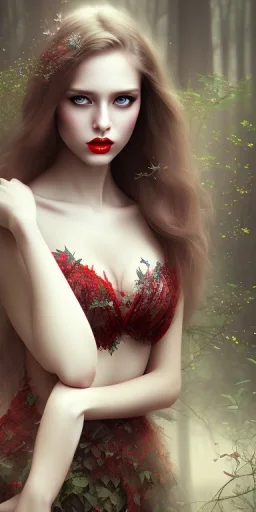 Beautiful pretty girl in picture in foggy forrest afternoon, correct hands detail, correct finger detailed red lips, butterfly, 8k resolution, super detail realístic, fantasy