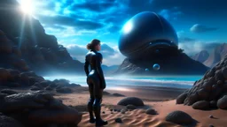 A woman in a catsuit standing on a beach of an alien world, in a rocky crystal-covered landscape with a crashed spaceship in the distance