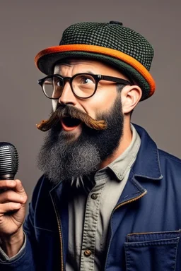 Man fires up with a microphone in his hand, wears glasses, hat, beard, looks like a clog.