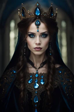 portrait of a young gothic queen with brown hair and blue eyes, very beautiful, dark fantasy
