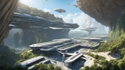 Many spaceliners docked at a huge busy spaceport, with gantries and walkways, setting into the side of a huge cliff, trees, vines and plants, Star Wars, Star Trek