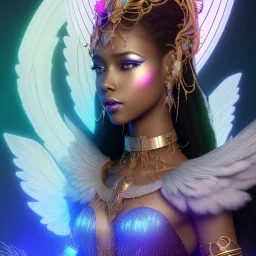 full body shot, masterpiece, best quality, black skinned, sparkling eyes, long hair, gorgeous African Fairy queen,wings,fluorescent skin,light blue makeup,sparkly glass diamond transparent,synthwave, light indigo, trasparent , irridescent, highly detailed body, sun light, 4K, RAW, depth of field, high contrast, realistic details, 24mm vaporwave aesthetic, synthwave, artstation, concept art, smooth, extremely sharp detail, finely tuned detail, ultra high definition, 8 k, unreal engine 5, ultra sh