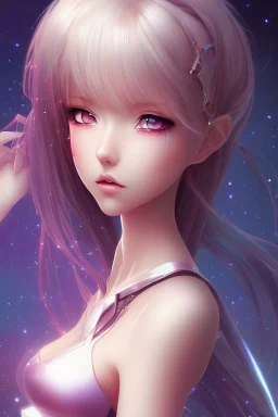 Anime girl close and personal but beautiful. She knows what she wants and how to get it. Stunning Starsign background