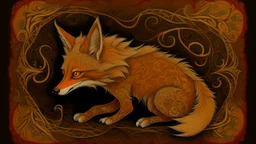 A dark orange colored lightning elemental fox designed in Moroccan rug art painted by Leonardo da Vinci