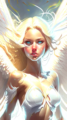 Detailed Illustration of Mag Angel Wallpaper, Blond Hair, Beuatifull Sexy, Perfect Body, White Colors Thunders, Frontview, Big Wings, 4k Hiqh Quality