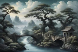 Joe Fenton style extremely detailed soft ink blue dark green hand painting, breathtaking landscapes with stone bridges and extraordinary old oak trees, dramatic clouds, striking paintings, art stations, fantastic views, meticulously crafted, 8k 高清晰度 超现实主义 美丽的 高细节 幻想 电影灯光 美妙的景色 清脆的品质 美丽 优雅 锐利的焦点 复杂 获奖 高清 高密度影像学评论 空间感 高质量 高分辨率 高立体观感 品质清脆