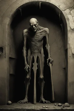 The full body of a man holding a bat with both hands coming out a broken wall, decayed and rotting with grotesque proportions and imagery. surreal horror, biomechanical design, by hr giger and beksinski