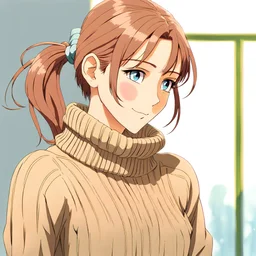 Pretty woman with reddish brown hair and light blue eyes and a pony tail with braids wearing a turtle neck sweater and having olive skin tone, slim and shapely build, deep blush, shy, by artist "anime", Anime Key Visual, Japanese Manga, Pixiv, Zerochan, Anime art, Fantia Studio Ghibli, Anime Key Visual, by Makoto Shinkai, Deep Color, Intricate, centred, head and shoulders portrait