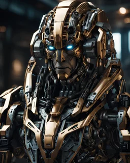 A length image ,hyper-detailed front view of a Cyber-man mech in transformative style, his metallic skin gleaming with intricate textures and intricate details, captured in an ultra-realistic style that blurs the lines between reality and imagination.