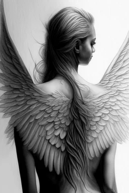 woman angel from back wings coming from back of her shoulders ultra realistic drawing