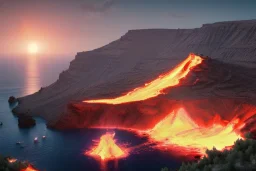 Santorini's greek island volcano,eruption lava flows , concept art, smooth, extremely sharp detail, finely tuned detail, ultra high definition, 8 k, unreal engine 5, ultra sharp focus, illustration, magic ambient,fantasy.