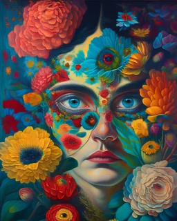 A striking portrait of a figure whose eyes are replaced by luminous, blooming flowers, in the style of magical realism, vibrant colors, surreal elements, and a focus on the subject's emotional state, inspired by the works of Frida Kahlo and Remedios Varo, delving into the depths of human experience and our connection to the natural world.