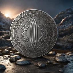 a silver coin called a Silver Moon standing on edge. ancient viking runes. flat coin. show one whole coin front on at a distance. fantasy concept art, exquisite realism, a masterpiece, dynamic lighting, hyper detailed, intricately detailed, deep color, Unreal Engine, volumetric lighting , Epic cinematic brilliant stunning intricate meticulously detailed dramatic atmospheric maximal,