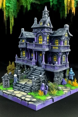 A purple haunted mansion filled with ghosts designed in Ica stones painted by Frank Wilson