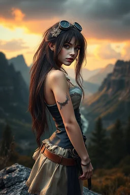 Photorealistic full-height photo of a fantasy skinny steampunk pin-up girl with long, dark ginger hair in a fantasy landscape