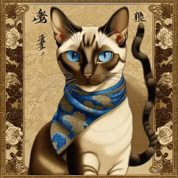 Vintage Japanese art style portrait of a chocolate point Oriental shorthair Siamese cat, inspired by Ukiyo-e prints, elegant smooth fur with soft white highlights, intricate chocolate and muted tan patterns within the fur, deep [COLOR], bold blue scarf around neck, aged beige background with traditional [COLOR] and black calligraphy, delicate brush textures, muted earthy palette, subtle antique atmosphere." "Sho Hotei" 寿 ホテイ (Jū Hotei) in Japanese.