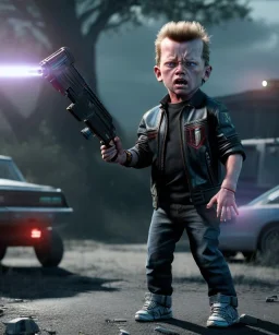 The Terminator toddler, shotgun, full body, dramatic lighting, angry, hyper realistic