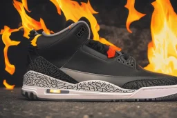 Jordan 3 black cement sneaker. In flames.