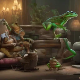 Two frogs sitting on the sofa in the living room and PS4 consoles in their hands,fantasy,4K,8K,16K