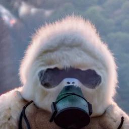 Yeti, wildfires in the background, mountains