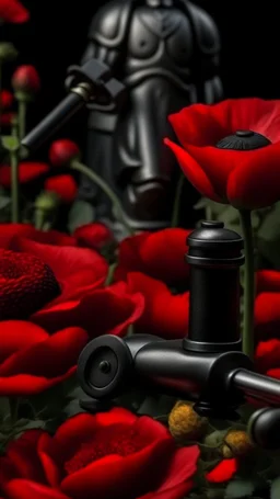 A small wooden hammer near a black pistol, a black leather glove and red lipstick in a dark garden filled with red poppies.Cinematic and realistic image