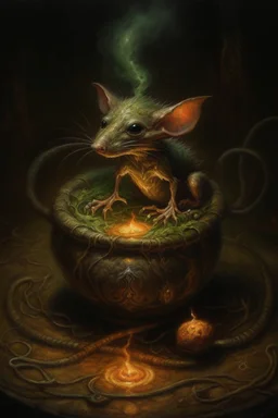 Living cauldron with shining sigil, slightly demonic alien gremlin rat in it, prize winning oil painting