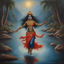 An oil painting of goddess Kali crossing a lake