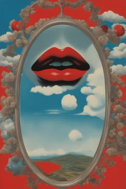 psycho art,cloud in blue sky, a red lip, collage art, shuji terayama, dreamy objects, surreal, criterion collection, showa era, intricate details, mirror