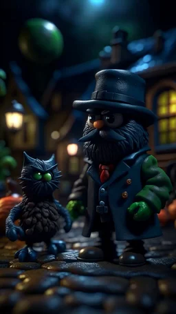 Halloween portrait of Cthulhu postman pat and his nightmare cat, full moon, full of dark desire, shot on Hasselblad h6d-400c, zeiss prime lens, bokeh like f/0.8, tilt-shift lens 8k, high detail, smooth render, down-light, unreal engine, prize winning