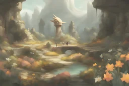 pokemon legend's of arceus environment, skyrim ruins, colorful, flowers, jon klassen and willem maris painting