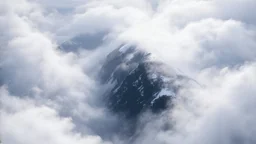arge scale, far away. a massive sheer snowy mountain cliff with very sparse vegetation scaling vertically into the sky, partially obscured by dense clouds(color d0d1d5) and mist. the borders — top, bottom, left, and right — fade smoothly into thick fog, while the center reveals the steep, far away rocky cliff face with fine texture and detail. atmospheric lighting, cinematic composition, natural colors, high contrast between fog and stone. photography