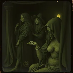 Daguerrotype close up some mysterious figures, odd background, Hieronymus Bosch Max Ernst ambient light, by Minicavio Quollati and Marlost Endgulp, Amano, Botticelli, Alphonse Mucha