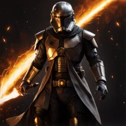 star wars bald male corellian pilot wearing pearlescent black and gunmetal grey First Order special forces heavy assault armor and helmet with gold trim inside the jedi temple, centered portrait, hyperdetailed, dynamic lighting, hyperdetailed background, 8k resolution, volumetric lighting, light skin, fully symmetric details