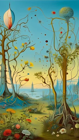A garden of wired out of this world flowers and trees with light blue sky in Bosch painting style and Dali