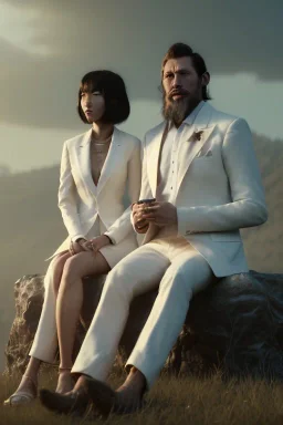 by Greg Rutkowski, Sung Choi, Mitchell Mohrhauser, Maciej Kuciara, Johnson Ting, Maxim Verehin, Peter Konig, 8K, a Highly detailed stunning image of Dom man with a submissive woman, the woman sitting, a white suit, beard, and short hair,