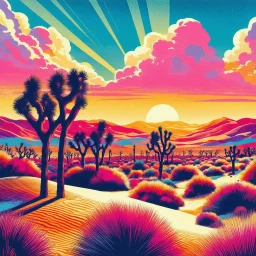 beautiful vibrant colors, landscape of Jousha Tree National Park, pop art, clouds, sunset, dunes, sand, poster, Arizona