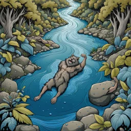 bird's eye view looking down from afar an anthropomorphic strong gray hairy body wolfman swims on his back in the blue winding river and looking the sky, smile, dark brown sandy shore along the river, smaller brown and gray stones, green-blue foreign plants with raindrops on their broad big leaves, in background towering dark brown trees with massive trunks. high contrast, high detalied, high realistic, The atmosphere is a seamless blend of sci-fi and dark fantasy mood, professional photo