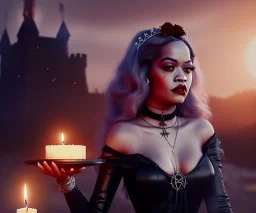 Rita ora, 1800s, witchcraft, long curly black hair, choker, pentagram, black rose, Victorian dress, silver tiara, blood, candle burning, castle, moonlight