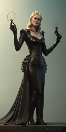 Cersei Lannister as evil mistress in black leather, dominatrix, bdsm, busty, cleavage, curvy, lena headay, angry, stern look. character design by cory loftis, fenghua zhong, ryohei hase, ismail inceoglu and ruan jia. unreal engine 5, artistic lighting, highly detailed, photorealistic, fantasy