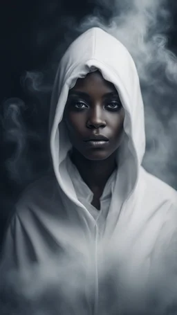 beautiful black women in white Smokey ethereal, heavenly background, portrait of a hooded dark creature