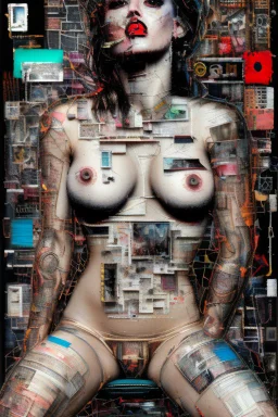 Ultra detailed medium portrait painting of a half naked woman sitting on a chair, no nudity, bended over, dark room with little light coming from an open door behind her, torn up collage of clippings, broken circuitry background, matrix effects, punk visual art, punk art aesthetic, graffiti art, pop surrealism, collage art, cluttered paint glitches