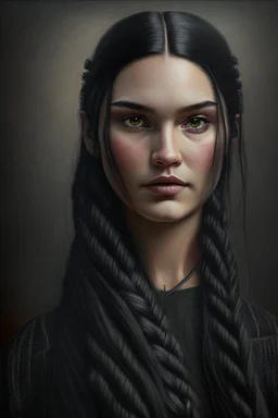 Portrait of a young woman, long black hair in a braid, dark eyes, proud look, extremely beautiful