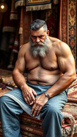 close up photography of a burly beefy strong 40-year-old Turk in Istanbul bazaar, shirtless, selling carpets sitting on a pile of carpets, biig shoulders, manly chest, very hairy, side light,