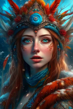 realistic face, Beautiful goddess of winter, intricately beautiful face, knees up portrait, "in the style of Laura Sava, deep color, fantastical, intricate detail, splash screen, complementary colors, fantasy concept art, 8k resolution, Unreal Engine 5,royo,1990s, splash art,