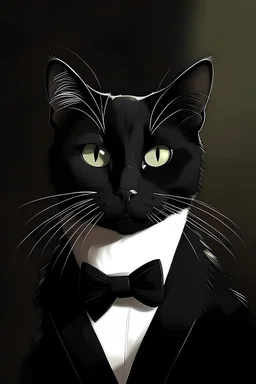 a potrait of a black cat in tuxedo animated