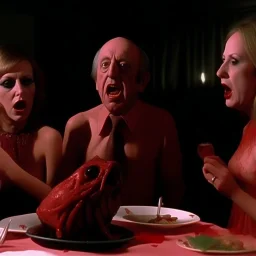 Movie shot horror, spooky, ultra realistic distress, dining, ultra realistic hot women, pieces of meat, creepy, organs, ail dynamic, anguish, excited people, hypermaximalist figures, creepy, Alfred Hitchcock, sinister, Dario Argento, ornate, 4k, photorealism