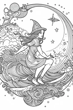 A witch flying on her broomstick across a starry night sky. . Outline, sketch style, only use outline, mandala style, clean line art, white background, no shadows, no clear wall, coloring page.