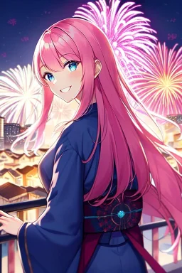 girl, masterpiece, best quality, cinematic lighting, detailed outfit, vibrant colors, perfect eyes, long hair, pink hair, blue eyes, kimono, fireworks, laughing, town, looking back,