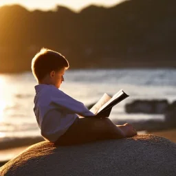 A boy reading a book at beach just before sunset sitting on a rock magical fantasy